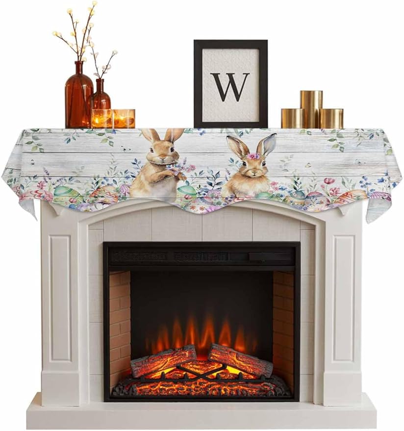 Bunny Easter Fireplace Mantel Scarf Table Runner,Spring Floral Eucalyptus Leaves Weeping Wooden Winter Garland Mantel Top Tablerunners Dresser Scarves Cover for Windows Party Living Room 60"x17"