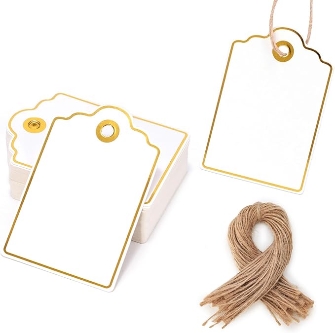 VGOODALL 50PCS Gift Tags with String Attached, 2 x 3 Inches Paper Blank Hang Tags with String for Clothes DIY Crafts Wedding Holiday (White)