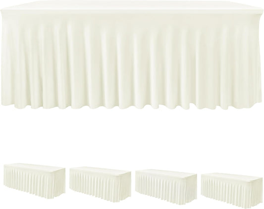 HolidayIdeas Spandex Table Skirts for Rectangle Tables 8 Ft, Fitted Stretch Table Cover 30x96 Inch, Wrinkle-Free Ruffle Design Tablecloths for Banquets,Trade Shows, Parties, Events, 4 Pack, Beige