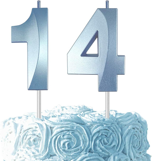 Blue Number 14 Candles, 3D Diamond 2.76 Inch Cake Topper Birthday Candles for Wedding Anniversary Cake Decorations, Happy Birthday Party Decorations
