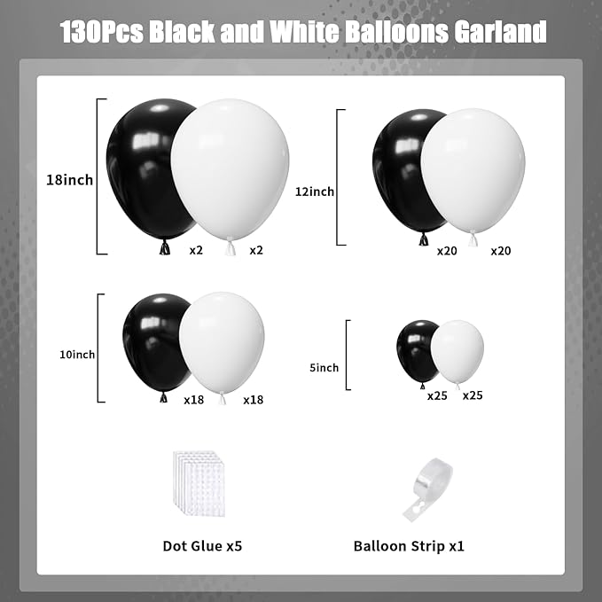 Black and White Balloons Arch Kit,130pcs White Latex Balloon Garland,Different Size Black Latex Balloons for Baby Shower Birthday Wedding Graduation Party Decorations Supplies