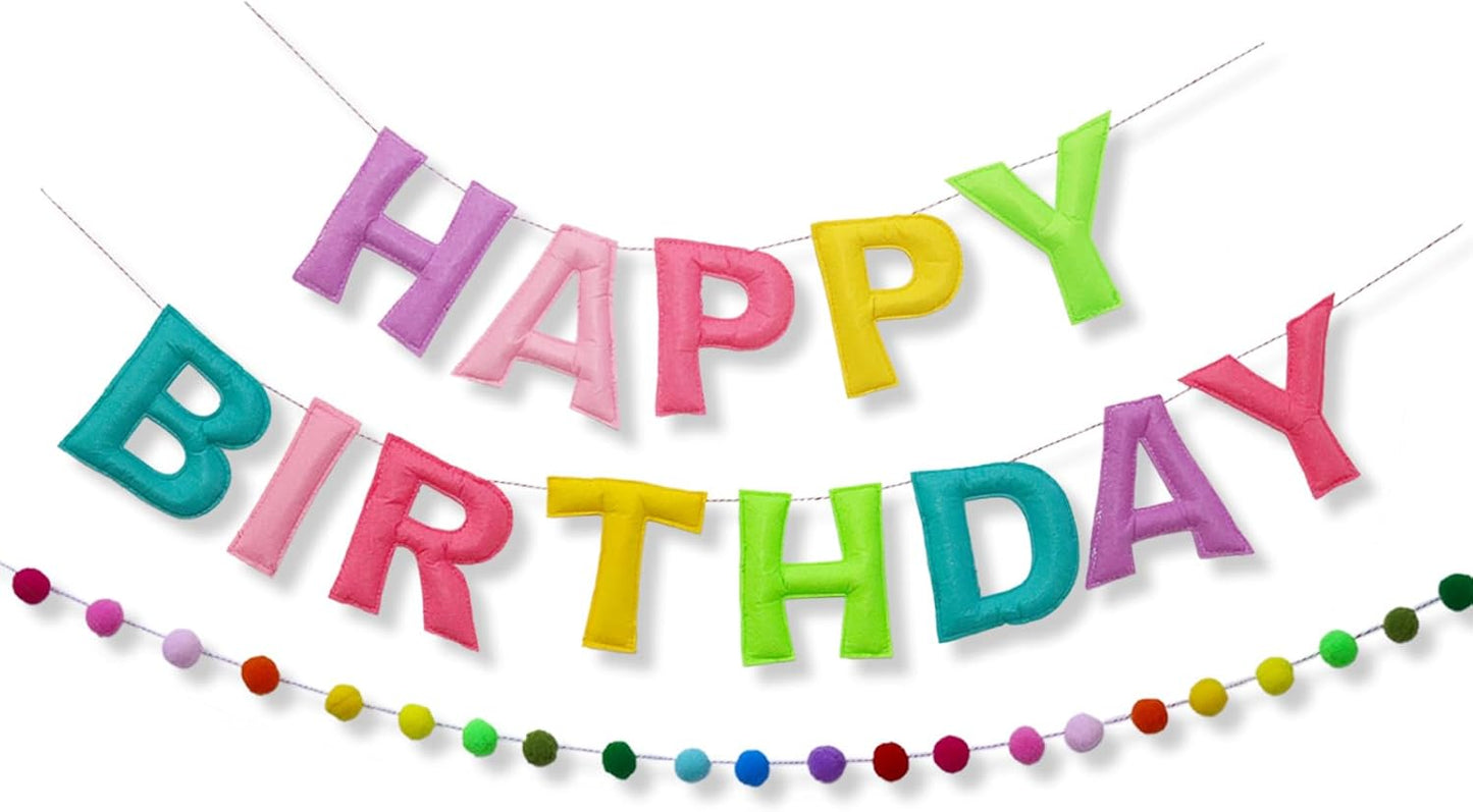 Happy Birthday Banner Rainbow Felt Ball Garland Pre-Strung Happy Birthday Sign for Party Backdrop Decorations Photo Prop