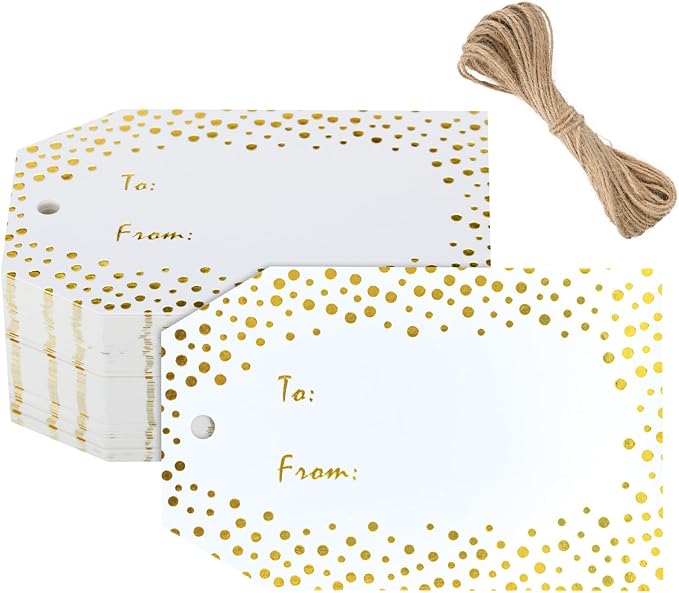 Anwyll Gift Tags with String - 50Pcs Gold Foil Metallic Name Gift Tags Confetti Polka Dot to from Gift Bag Tag Personalized Hang Paper Label Tag for Baby Shower Birthday Party Wedding Christmas Favors