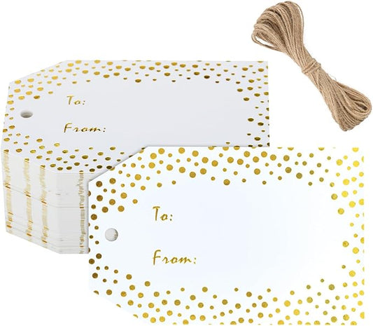 Anwyll Gift Tags with String - 50Pcs Gold Foil Metallic Name Gift Tags Confetti Polka Dot to from Gift Bag Tag Personalized Hang Paper Label Tag for Baby Shower Birthday Party Wedding Christmas Favors