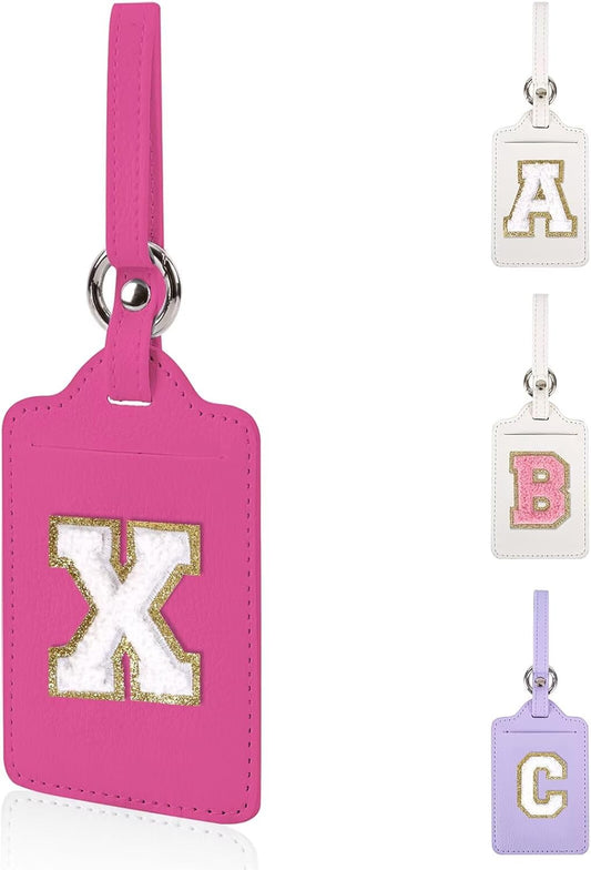 Personalized Initial Luggage Tags for Suitcases, Leather Chenille Letter Cute Luggage Tags with Privacy Name Card, Embroidered Travel Bag Backpack Tags Gifts for Women Kids Girls Teens(Rosered-X)