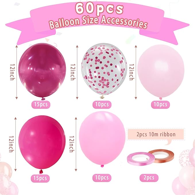 Hot Pink and Pink Balloons Set, 60 Packs 12 Inch Metal Hot Pink Latex Balloons with Confetti Balloon for Girls Women Baby Shower Princess Wedding Valentine's Day Party Birthday Decorations