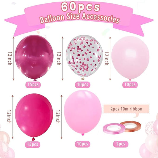 Hot Pink and Pink Balloons Set, 60 Packs 12 Inch Metal Hot Pink Latex Balloons with Confetti Balloon for Girls Women Baby Shower Princess Wedding Valentine's Day Party Birthday Decorations