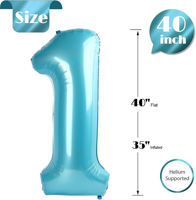 40 Inch Pearlescent Blue 1 Balloon for First Birthday, 1st Number Balloons Birthday Decorations for Girl Boy Kids Toddler Baby, One Giant Number 1 Balloon