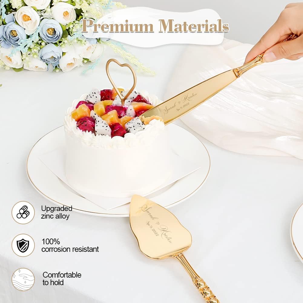Wedding Cake Knife and Server Set, Personalized Gold Cake Cutting Set for Wedding, Engraved Classic Cake Knives Cutter Set, Pie Server, Birthday Bridal Quinceañera Gift (CUS-Bow)