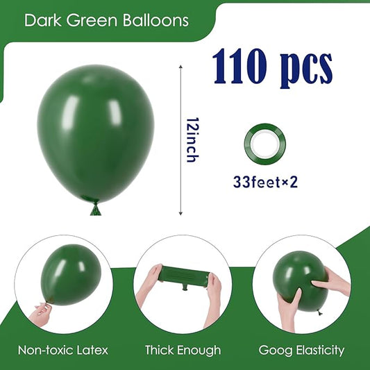 110pcs Dark Green Balloons 12inch Green Latex Party Balloons for Birthday, Graduation, St. Patrick's Day, Christmas, Baby Shower, Dinosaur Party, Anniversary Party Decorations