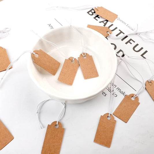 200 Pcs Price Tags, Small Tags with Elastic String, Jewelry Price Tag Writable Kraft Gift Tag for Christmas Gift Clothes Jewelry Stocking Stuffers (Brown,1.02×0.47inch)