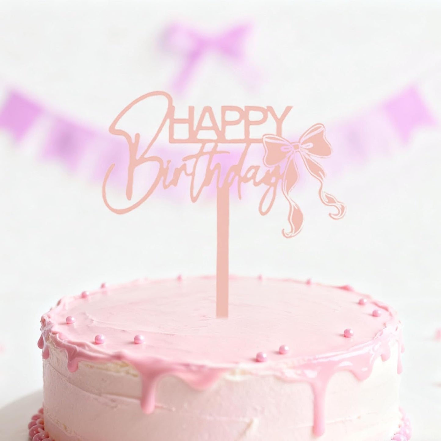 ZHENGYE Rose Gold Bow Happy Birthday Cake Topper Bow Themed Decoration Sign For Birthday Party Decorations Supplies