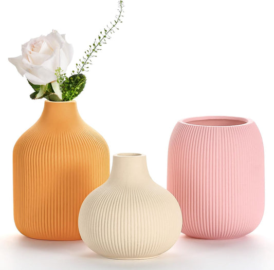 Boho Vase Set of 3, Modern Colorful Ceramic Vases with Ribbed Texture, Minimalist Home Decor for Centerpiece, Shelf & Tabletop - Boho Chic Touch for Neutral & Transitional Spaces