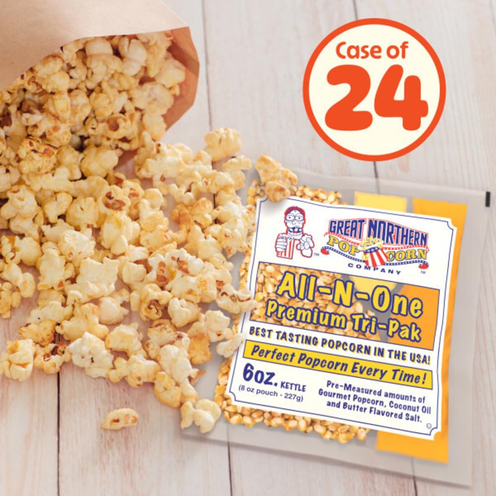 6oz Popcorn Machine Popcorn Packets - All-in-One Movie Theater Style Popcorn Kernels, Salt, and Oil Packs by Great Northern Popcorn, 6 Ounce (Pack of 24)