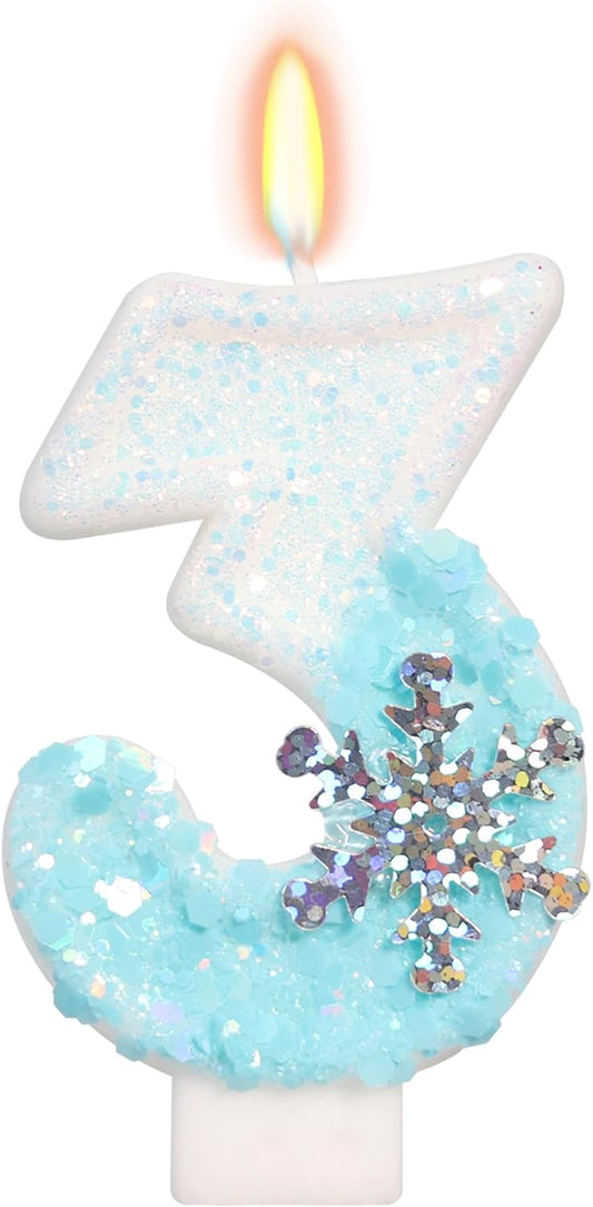 Sky Blue Frozen Themed Birthday Candles, Birthday Candles for Party Supplies, 2.76 inch Number 3 Candle Cake Topper Decoration (Number 3)
