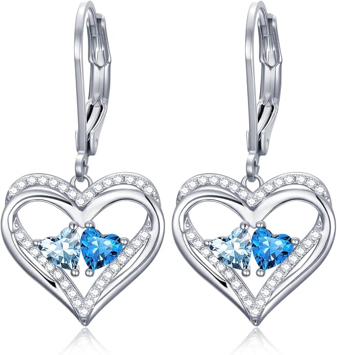 Valentines Day Gifts for Women, Heart Leverback Earrings Double Birthstone Dangle Earrings for Women, Love Jewelry for Her, Anniversary Birthday Gift for Mom Wife Girlfriend
