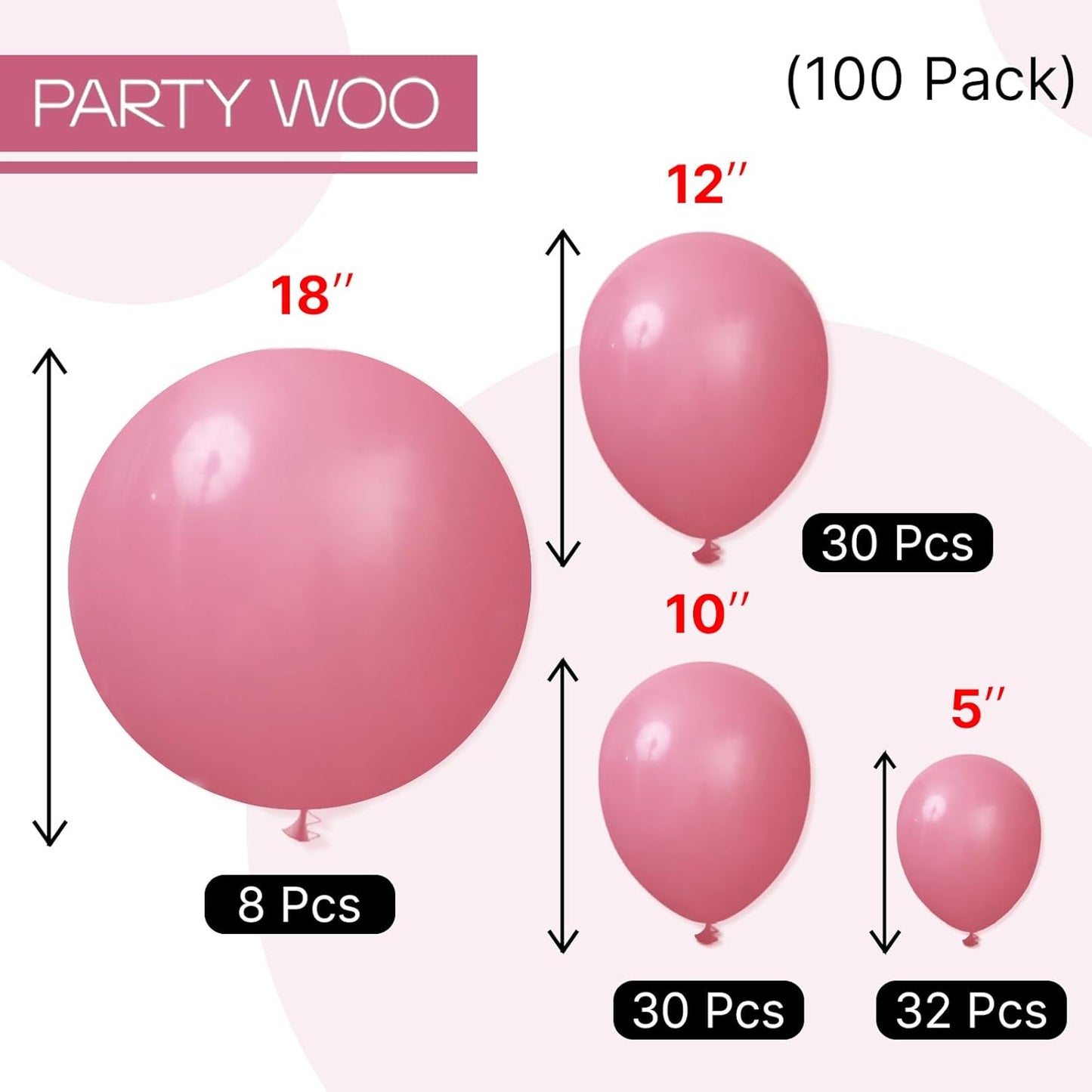 PartyWoo Mauve Boho Balloons 100 pcs Different Sizes of 18 12 10 5 Inch Dusty Pink Balloon Arch Kit Garland for Baby Shower Bridal Shower Princess Wedding Birthday Party Decorations Pink-F02