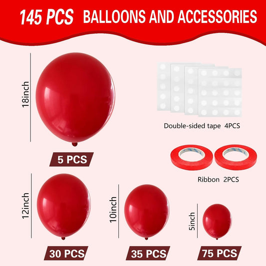 Red Balloons 145pcs Different Sizes 5in 10in 12in 18in Red Latex Balloon Helium Arch Kit Garland for Graduation Wedding Valentines Day Baby Shower Birthday Party Decoration