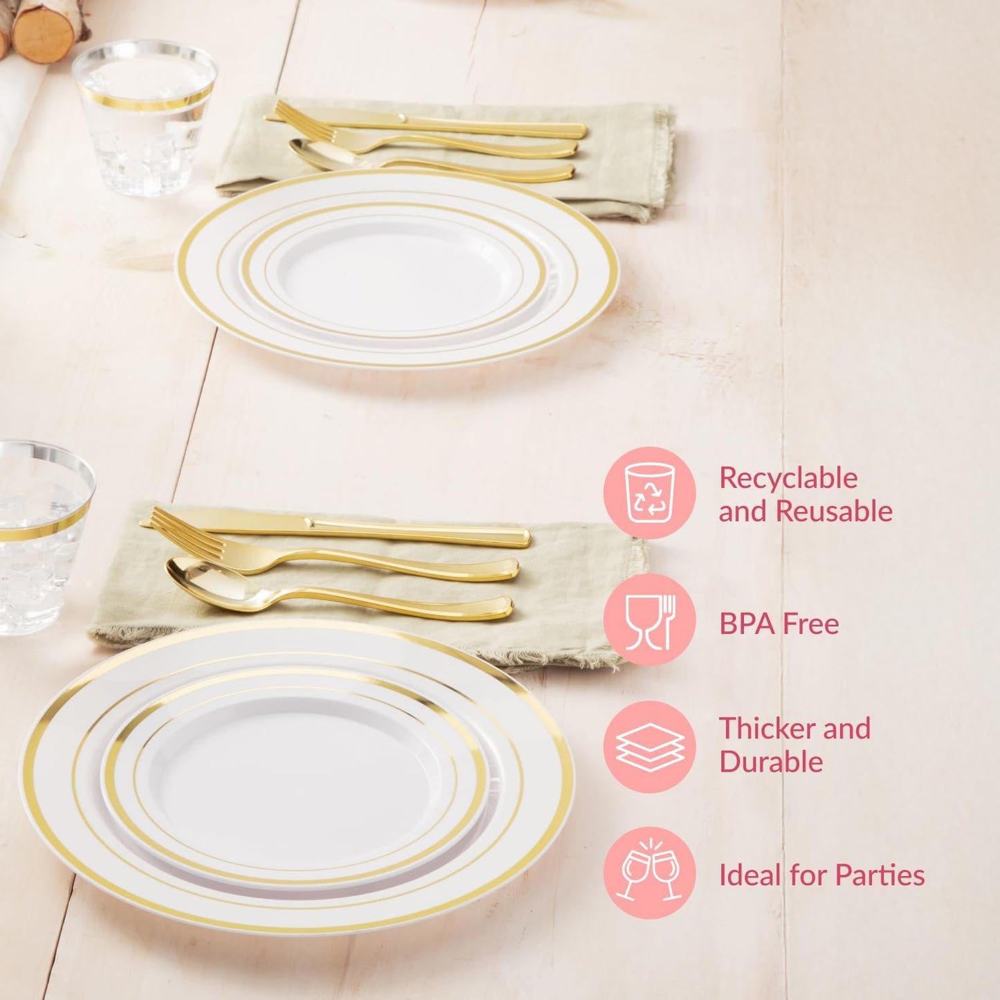 Prestee 350-Piece Engagement Party Decorations Disposable Dinnerware Set for 50 Guests - Fancy Plastic Dinner Ware Sets with Plates, Cups, Forks, Knives, Spoons - White and Gold Dinnerware Set