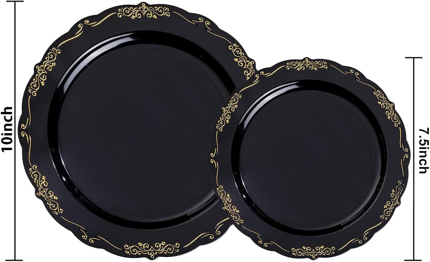 U-QE 100PCS Black Gold Plastic Plates - Heavy Duty Halloween Disposable Plates Including 50PCS 10'' Dinner & 50PCS 7.5'' Dessert Plates - Hard Plastic Plate for Halloween & Party & Wedding