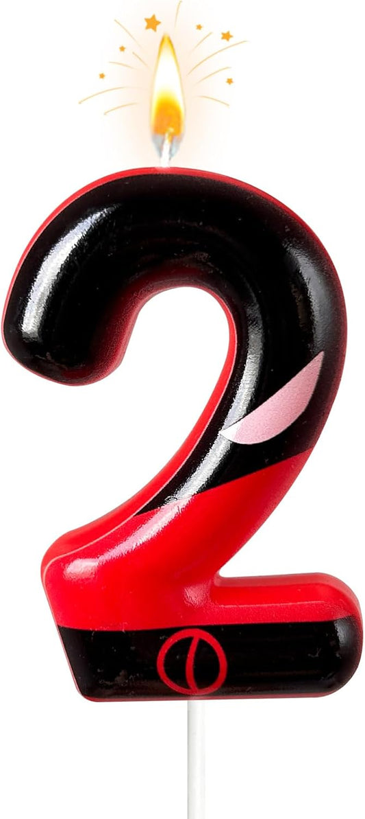Black Red Mask Number 2 Birthday Candles - Comic Themed Cake Topper for Birthday Decorations Supplies, 2 Candle Party Favors (Number 2)