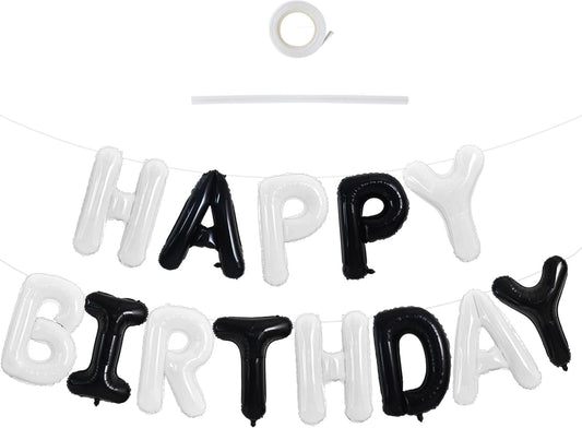 TONIFUL Happy Birthday Balloons Banner 16 Inch Mylar Foil Letters Birthday Sign Reusable for Girls Boys Kids & Adults Birthday Party Decorations Supplies（Black White）