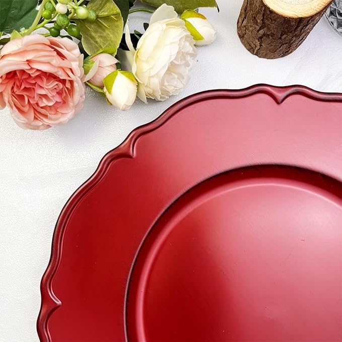 Antique Red Charger Plates Set of 6, 13" Plate Charger for Dinner Plates, Plastic Round charger plates bulk Wedding, Events, Party, Tabletop Decor.