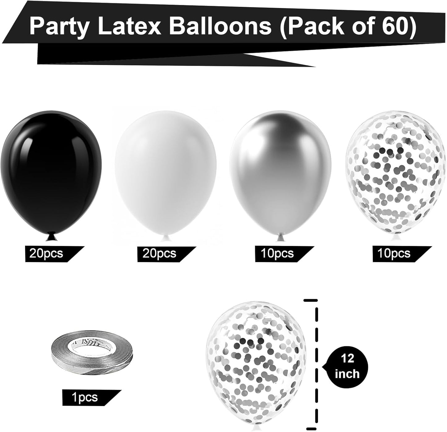 Bezente Black Silver Confetti Latex Balloons,60pcs 12 inch Black White Silver Metallic Chrome and Silver Confetti Balloons for Birthday, Baby Shower, Wedding, and Silver Theme Party Decoration