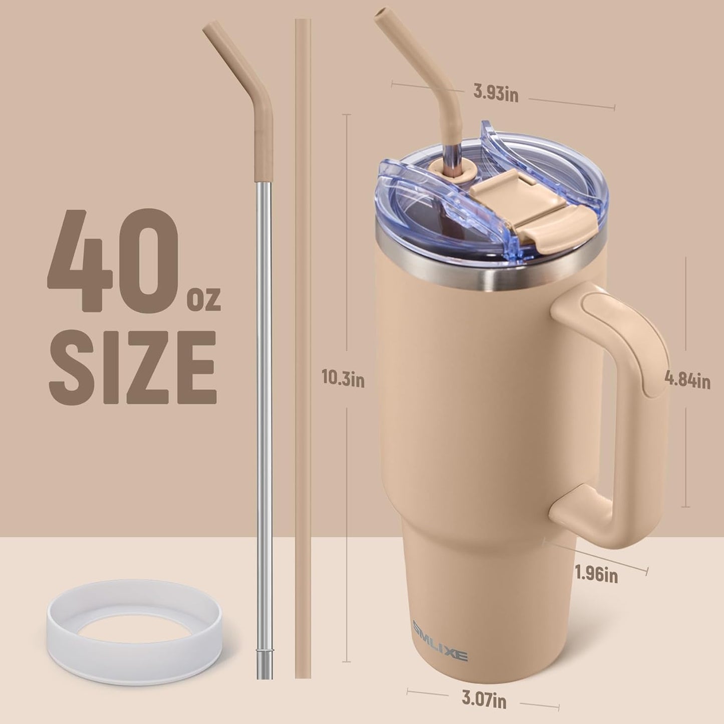 40 oz Tumbler with Handle and Straw Lid,Insulated Reusable Stainless Steel Water Bottle Travel Mug，Cupholder Friendly Double Wall Vacuum Sealed Cup (Mocha)