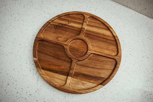 Wooden Divided Serving Tray 12″ – Acacia Chip and Dip Platter with Lid, 5-Compartment Round Snack Board for Charcuterie, Nuts, Candy, Tacos, Veggies, Appetizers