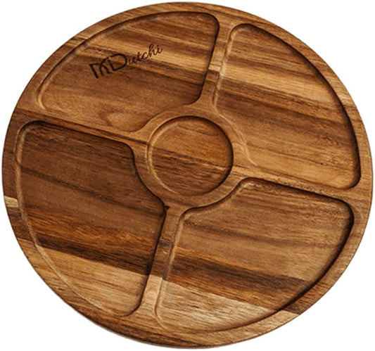 Wooden Divided Serving Tray 12″ – Acacia Chip and Dip Platter with Lid, 5-Compartment Round Snack Board for Charcuterie, Nuts, Candy, Tacos, Veggies, Appetizers