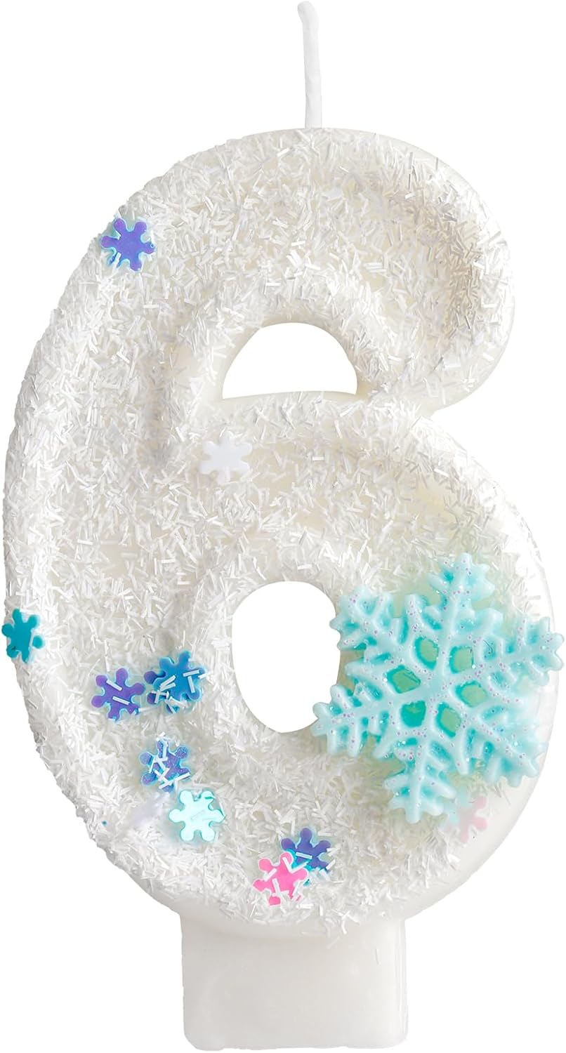 White Frozen Snow Themed Birthday Candles,White Snow Snowflake Number 6th Birthday Candle for Party Supplies,Winter Frozen Birthday Party Number 6 Cake Topper Decorations