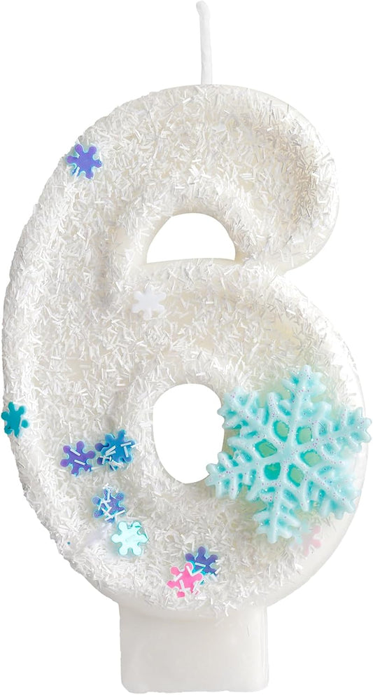 White Frozen Snow Themed Birthday Candles,White Snow Snowflake Number 6th Birthday Candle for Party Supplies,Winter Frozen Birthday Party Number 6 Cake Topper Decorations