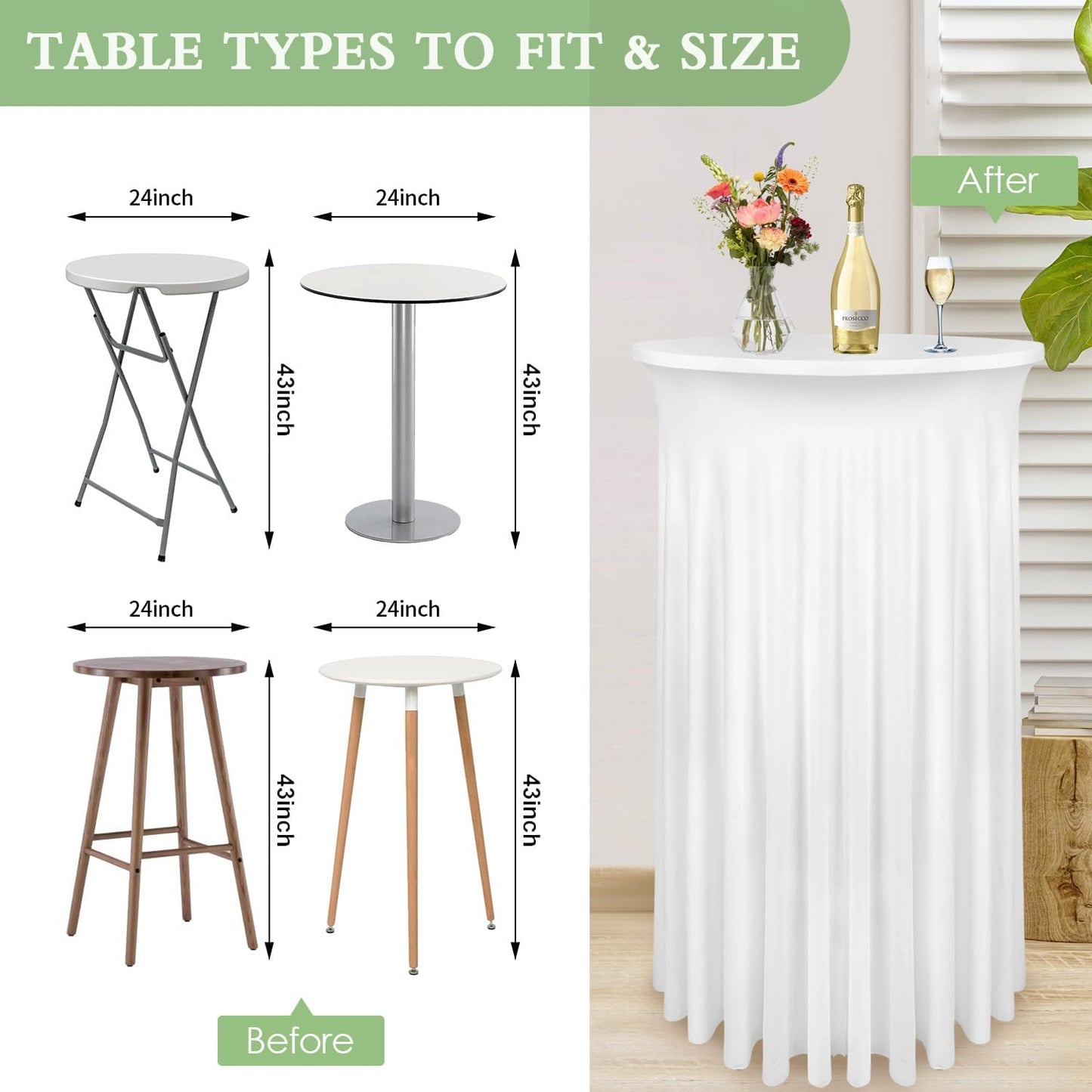 24"x 43" Round Cocktail Table Covers, Spandex Stretch High Top Table Cloths White Cocktail Tablecloth, TableSkirt with Natural Wavy Bar TableCover, Fitted Tablecloth for Party Wedding Banquet (2Pack)
