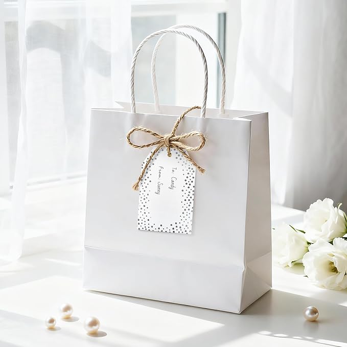 Anwyll Gift Tags with String - 50Pcs Silver Foil Name Gift Tags Confetti Polka Dot to from Gift Bag Tag Personalized Hang Paper Label Tag for Baby Shower Birthday Party Wedding Christmas Favors