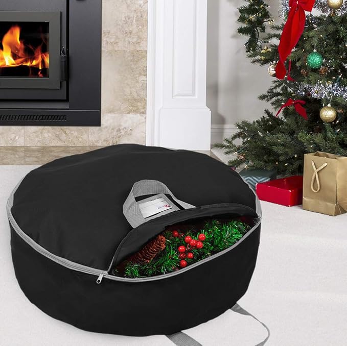 Primode Christmas Wreath Storage Bag 24",2 Pack Artificial Wreath Container,Garland Holiday Xmas Wreaths Holder,Sturdy Handles,Inner Straps,Card Slot Dual Zipper Strong Oxford (24 Inch, Black)