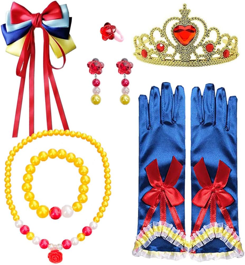Princess Snow White Costume Dress up Accessories for Girls Princess Snow White Cosplay Party Favors Christmas Gifts Set Including Crown Hair Bow Gloves Accessories