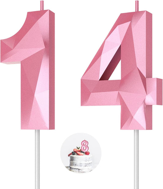 Number Birthday Candles(14 Candle Pink) 3D Diamond Shape 14th Happy Birthday Cake Topper Decorations for Girl Women Birthday Wedding Anniversary Celebration Theme Party Supplies
