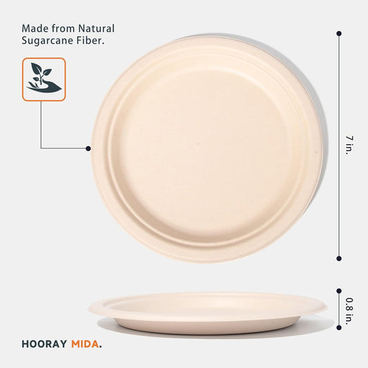 100% Compostable Plates - 125-Count Heavy Duty, Biodegradable Bagasse Plates - Eco Friendly and Sustainable (Natural, 7 inch)