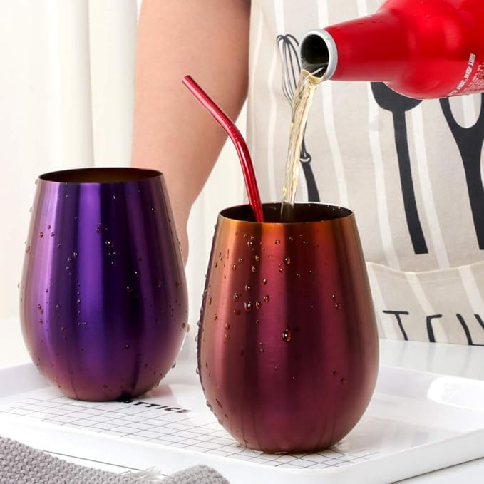 Buyer Star 304 Stainless Steel Wine Glasses Set of 2 - Large 17 oz Outdoor Stemless Wine Tumblers - 100% Unbreakable & Stemless Metal Drinking Cups for Home and Outdoors (Purple)
