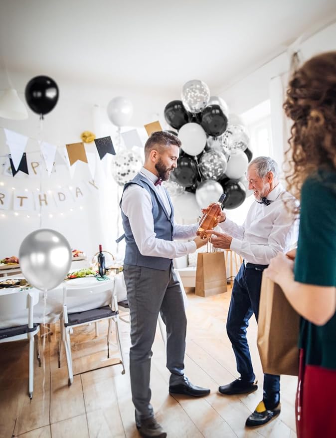 Black and Silver Balloons, 60 Pcs 12 In Metallic Silver, Black, White & Confetti Balloons for New Year’s Eve, Countdown Party, Christmas, Wedding, Birthday, Graduation, Anniversary Decorations