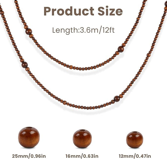 2PCS Christmas Wood Beads Garland 24 Feet Wooden Bead Garland Boho Ornaments for Christmas Tree, Xmas Vintage Rustic Farmhouse Round Craft Bead Hanging Holiday Decorations(Coffee)
