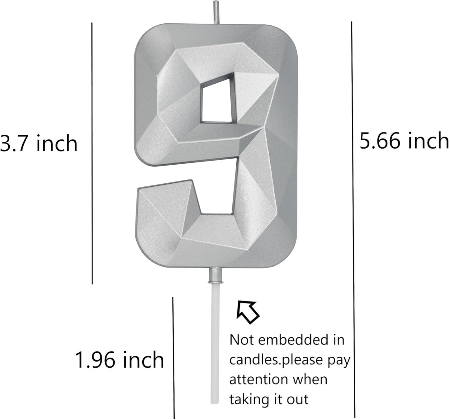 DERVENTA Birthday Candle Big Number 3D Silver 3.7 inch Party Celebration Anniversary Decoration Cake Topper 1 Piece (Number 9 Silver)