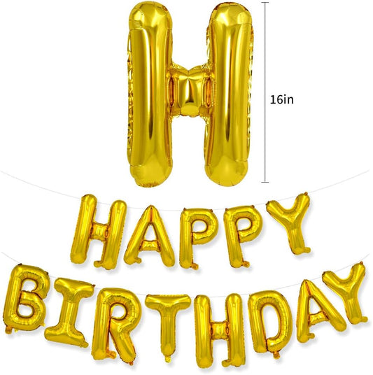 TONIFUL 3D Gold Happy Birthday Balloons Banner with Ribbon Straw, 16 Inch Mylar Foil Letters Birthday Sign Banner Balloon Bunting Reusable for Girls Boys Kids & Adults Birthday Halloween Supplies