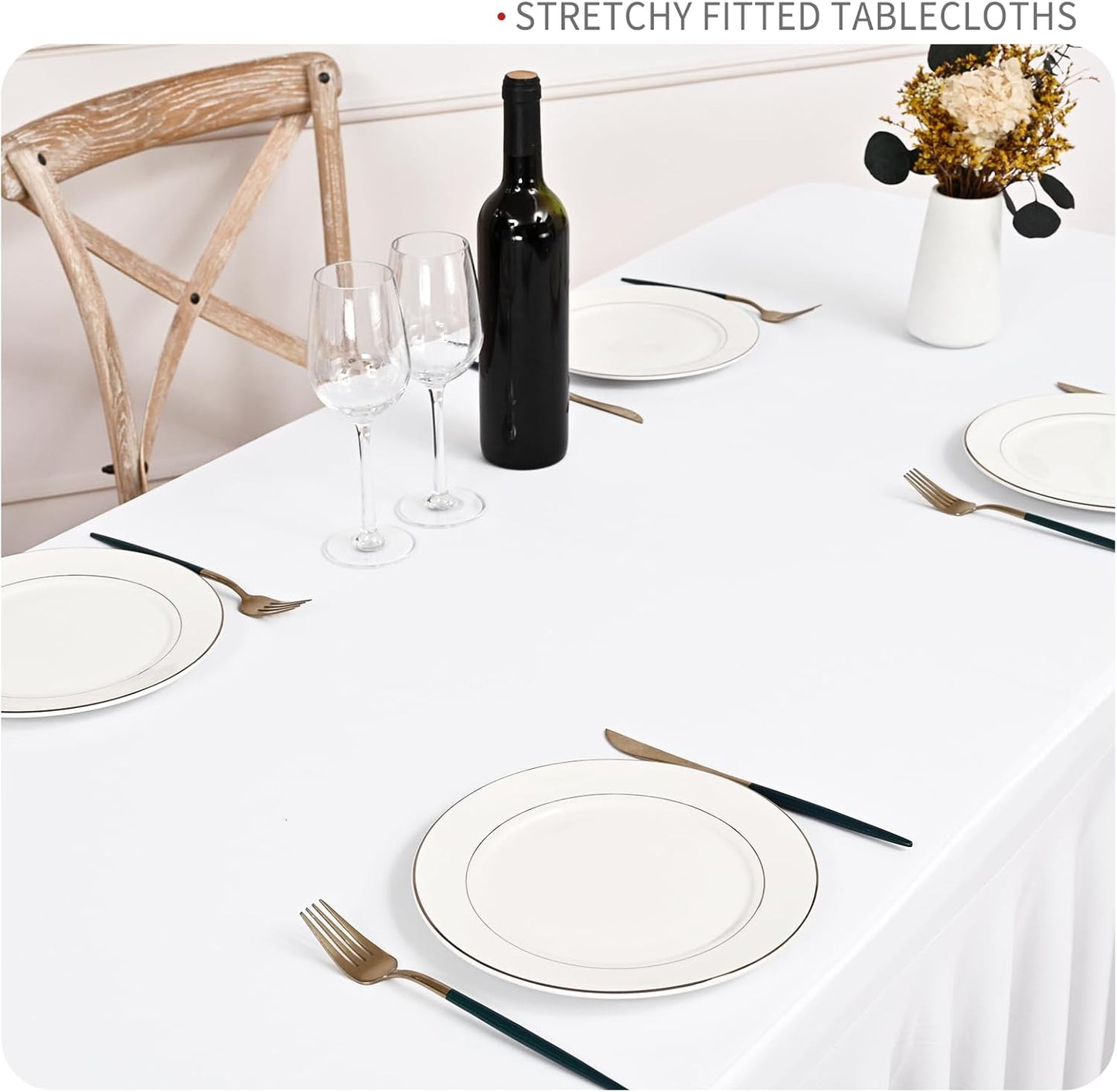 6 Packs White Stretch Table Skirts for 6 Foot Rectangle Table, Washable Spandex Stretch Tablecloths with Skirt, Wrinkle Resistant Fitted Tablecover for Wedding Party Banquet