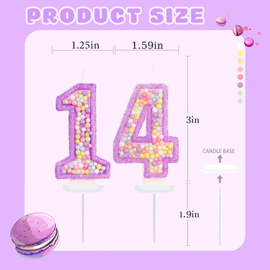 Purple Birthday Candles - Number 14 Candle, Colorful Macaron Candles, 14 Birthday Decorations for Girls, Purple Cake Decorations, Theme Party Supplies