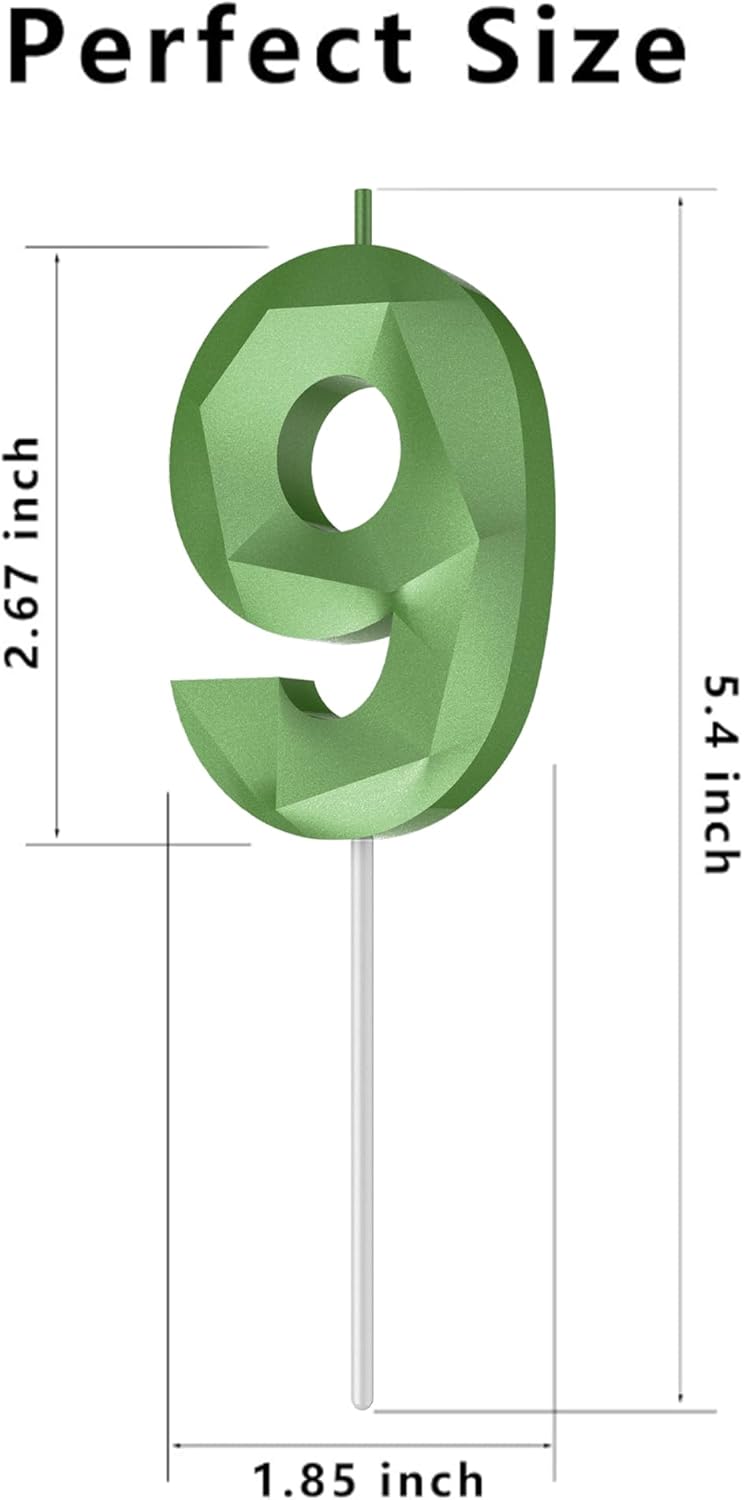 Number Birthday Candles(9 Candle Green) 3D Diamond Shape Number Happy Birthday Cake Candles for Birthday Party Wedding Decoration Reunions Theme Party