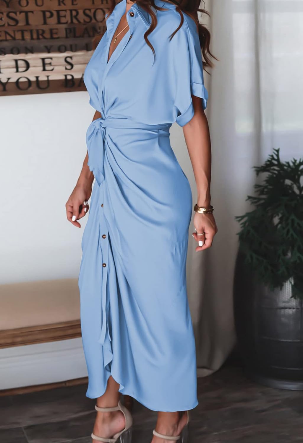 Women Elegant Satin Button Down Short Sleeve Maxi Shirt Dress with Belt