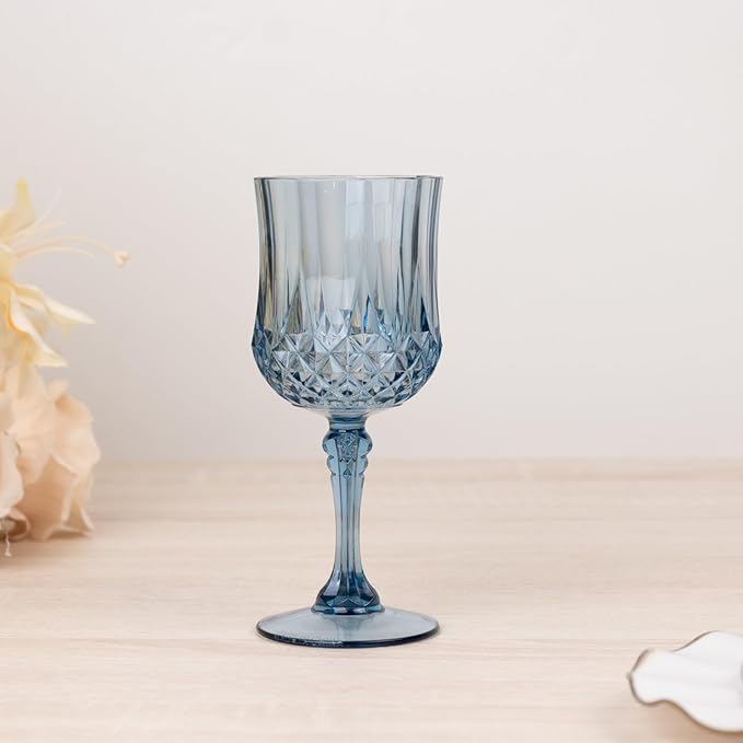 Efavormart 6-Pack Plastic Wine Glasses 8oz, Dusty Blue - Crystal Cut Shatterproof Cocktail Goblets Drinking Glasses