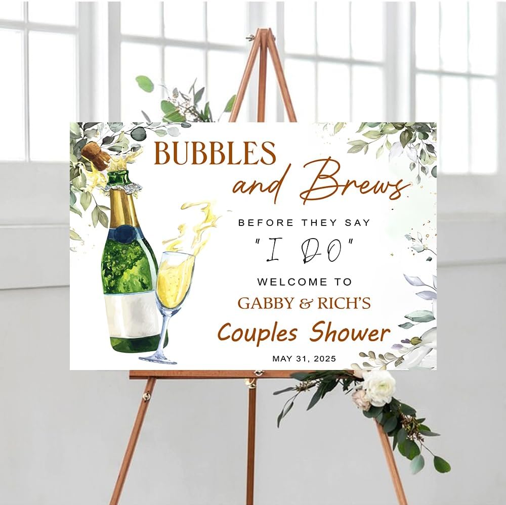 Personalized Greenery Eucalyptus Bubbles and Brews Couples Shower Welcome Sign, Gold Modern Minimalist Wedding Shower Bridal Party Decoration, Outdoor Plastic Sign Weatherproof #9